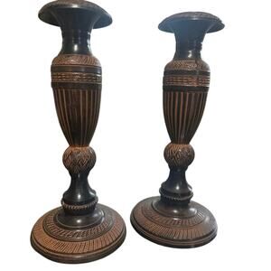 Candlestick Holders 2-tone Engraved Dark Metal Heavy 8” High for Tapered Candles